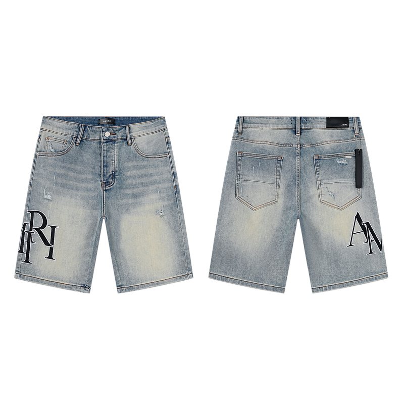 AMIRI Light Blue Distressed Monogram Denim Shorts
