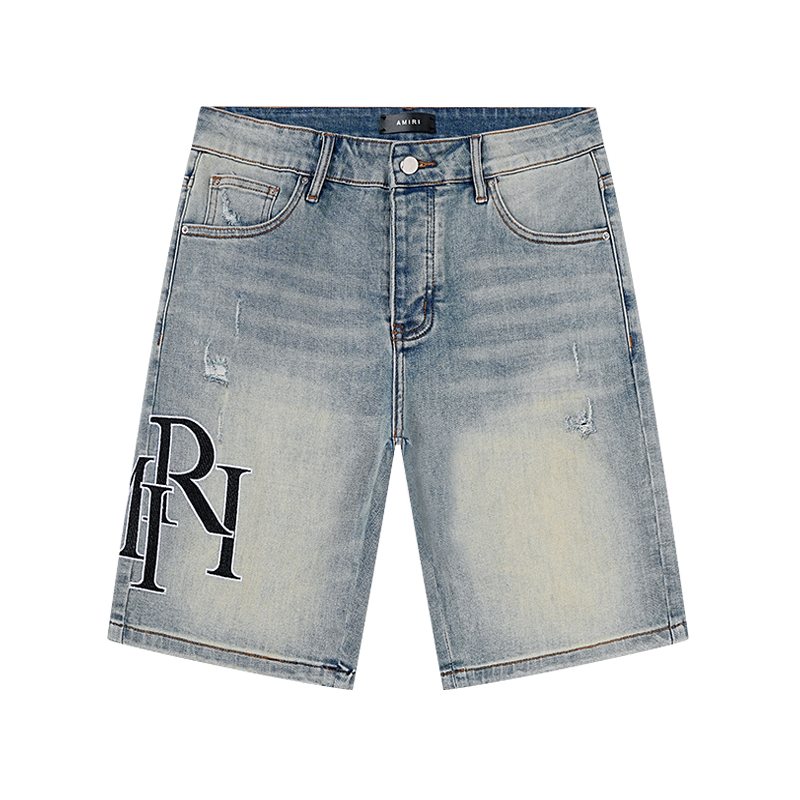 AMIRI Light Blue Distressed Monogram Denim Shorts