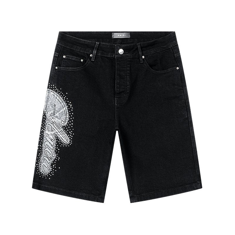 AMIRI Black Rhinestone Script Denim Shorts