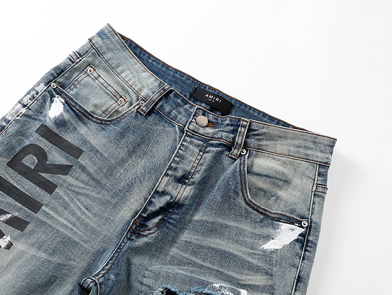 Amiri Light Blue Distressed Leg Print Jeans