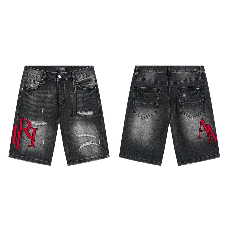 AMIRI Washed Black Embroidered Denim Shorts