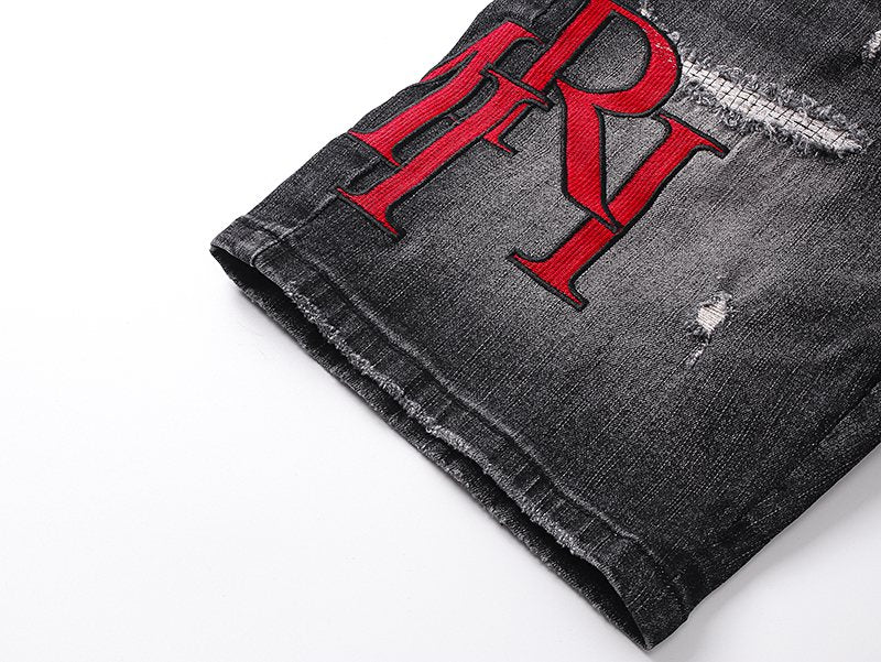 AMIRI Washed Black Embroidered Denim Shorts