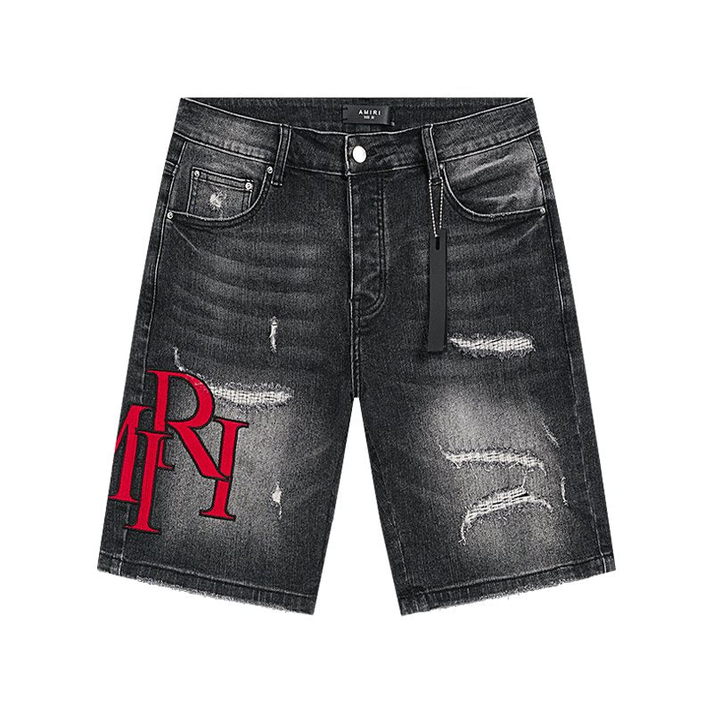 AMIRI Washed Black Embroidered Denim Shorts