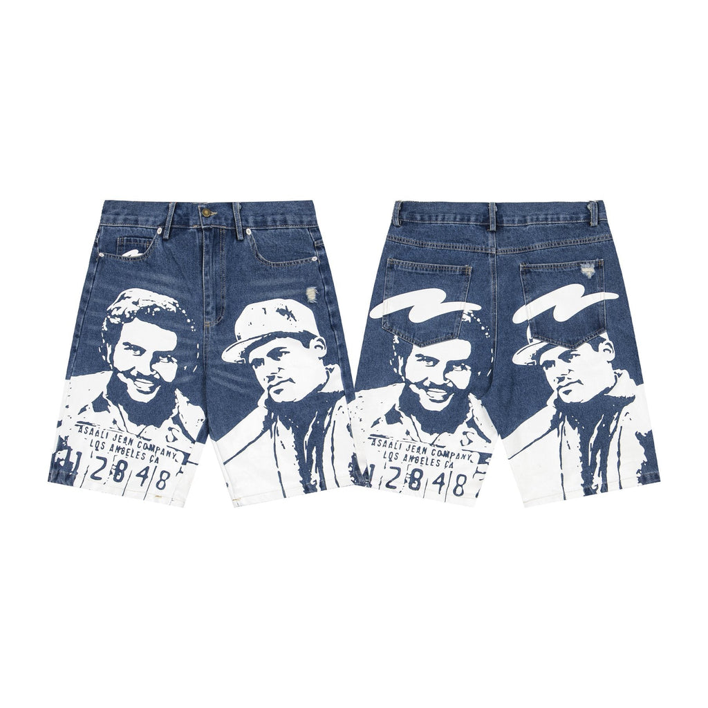 ASAALL Portrait Graphic Washed Denim Shorts