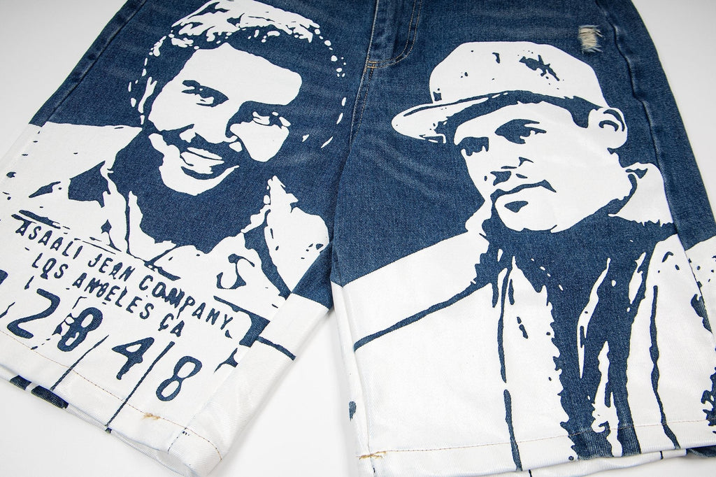 ASAALL Portrait Graphic Washed Denim Shorts