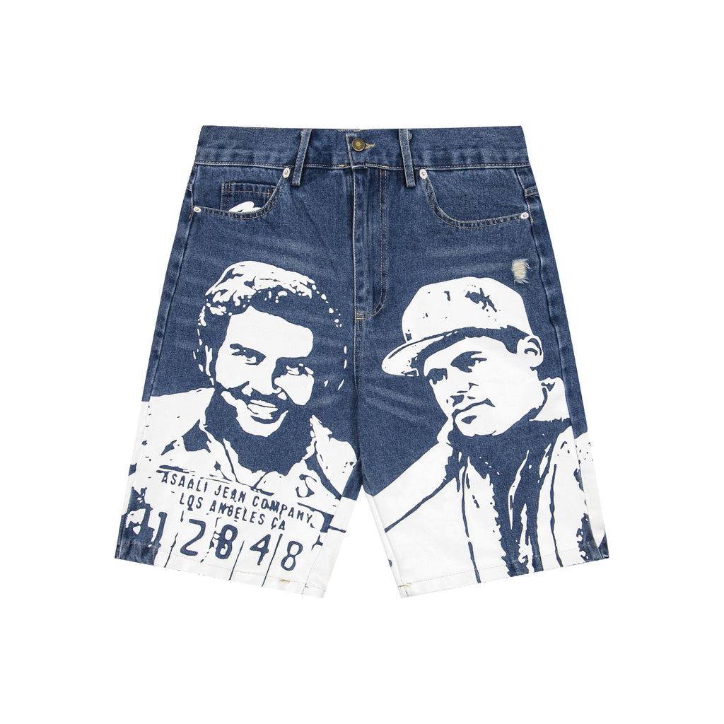 ASAALL Portrait Graphic Washed Denim Shorts