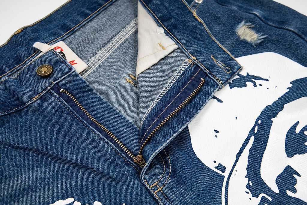 ASAALL Portrait Graphic Washed Denim Shorts