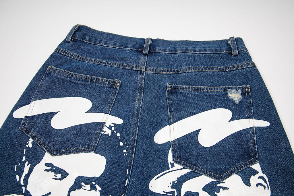 ASAALL Portrait Graphic Washed Denim Shorts