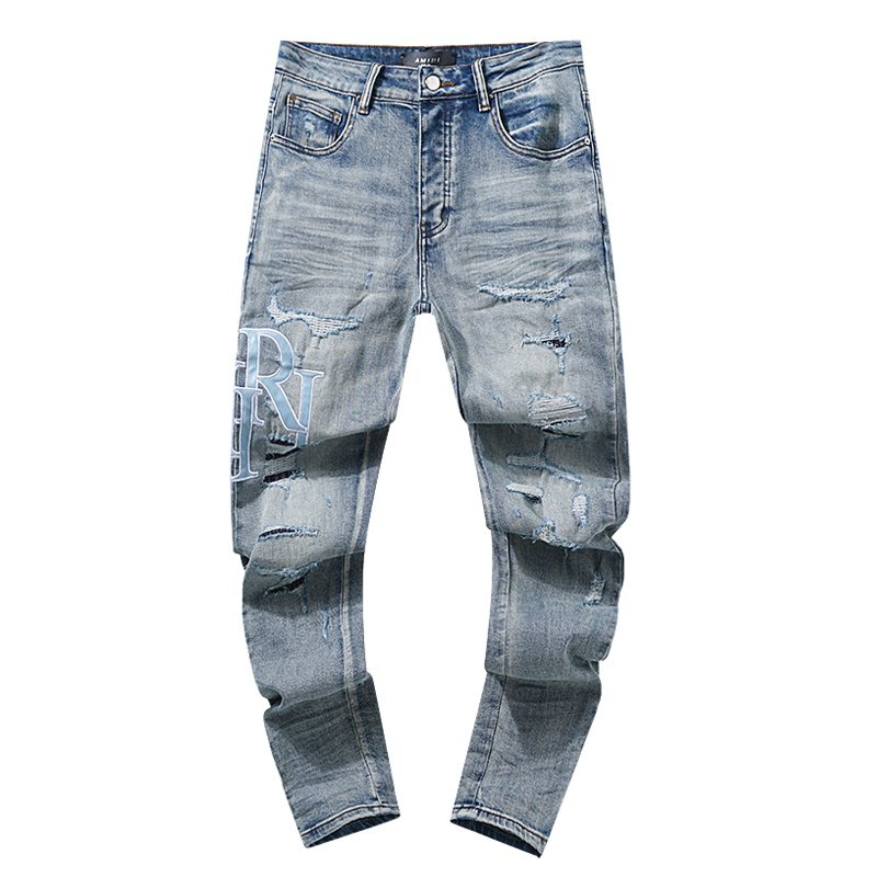 AMIRI Light Blue Letter Graphic Distressed Jeans