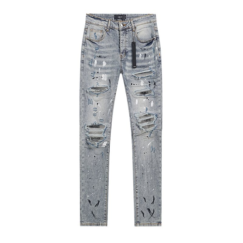 AMIRI Light Blue Distressed Paint Splatter Jeans