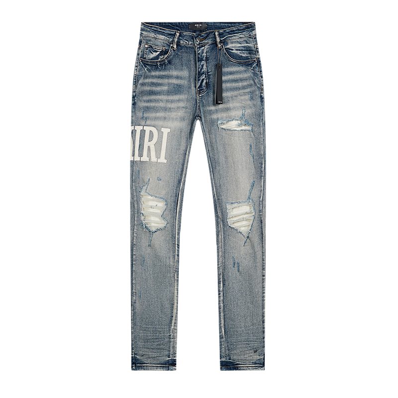 AMIRI Light Blue Distressed Letter Applique Jeans