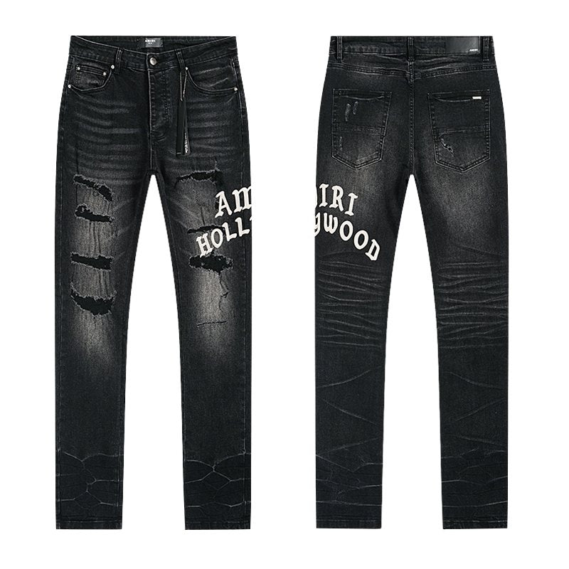 AMIRI Hollywood Lettering Distressed Jeans in Black