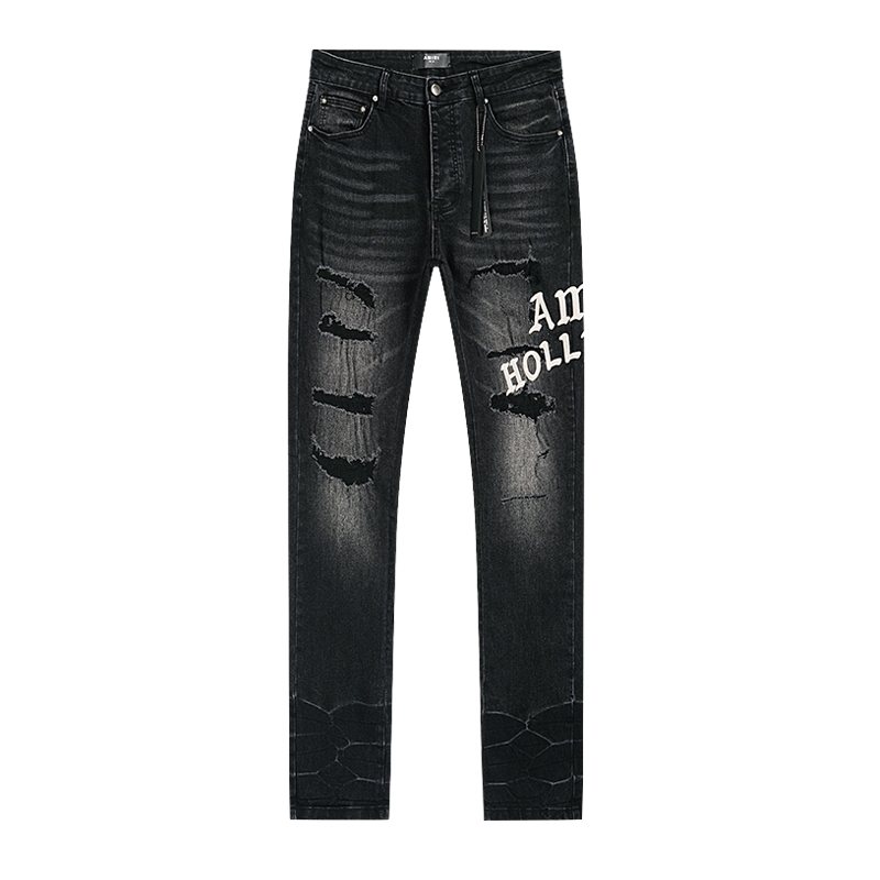 AMIRI Hollywood Lettering Distressed Jeans in Black