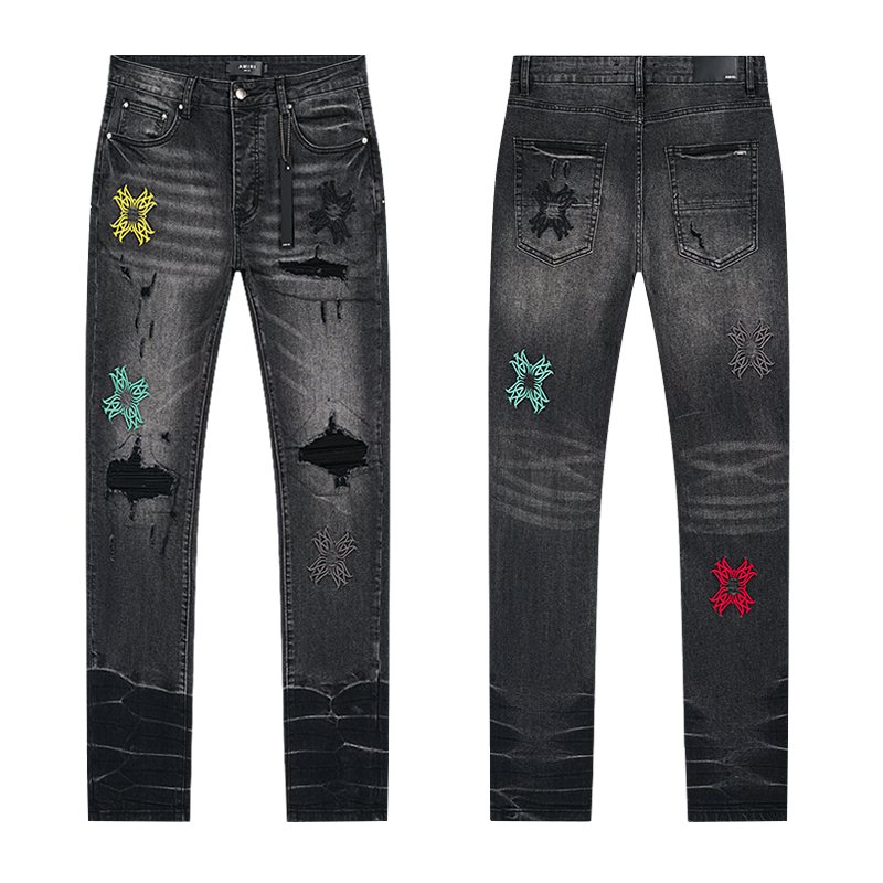 AMIRI Black Distressed Embroidered Jeans