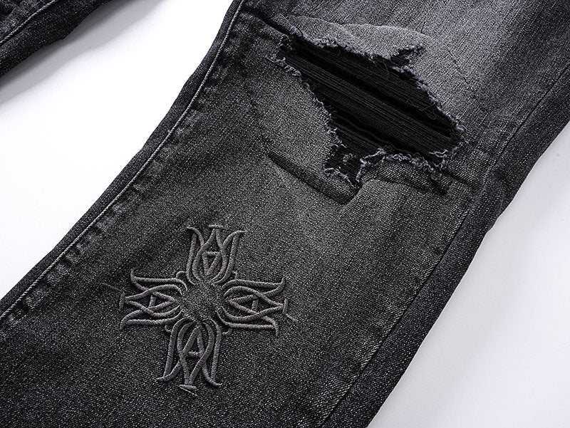 AMIRI Black Distressed Embroidered Jeans