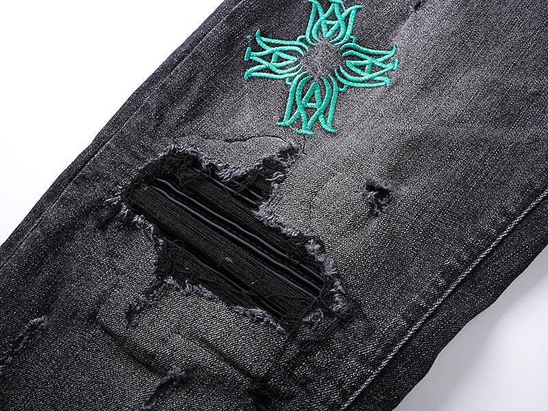 AMIRI Black Distressed Embroidered Jeans
