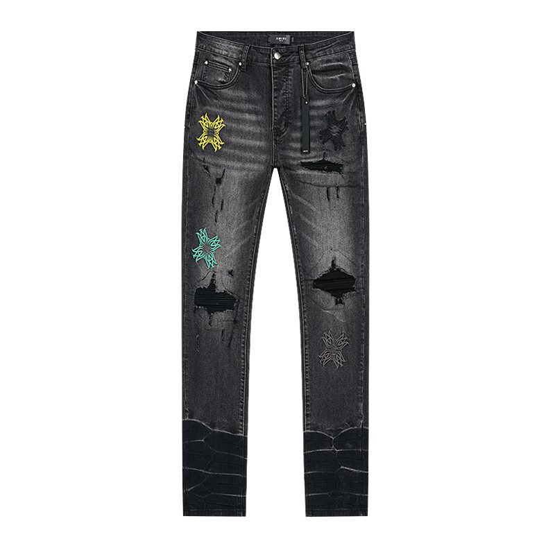 AMIRI Black Distressed Embroidered Jeans