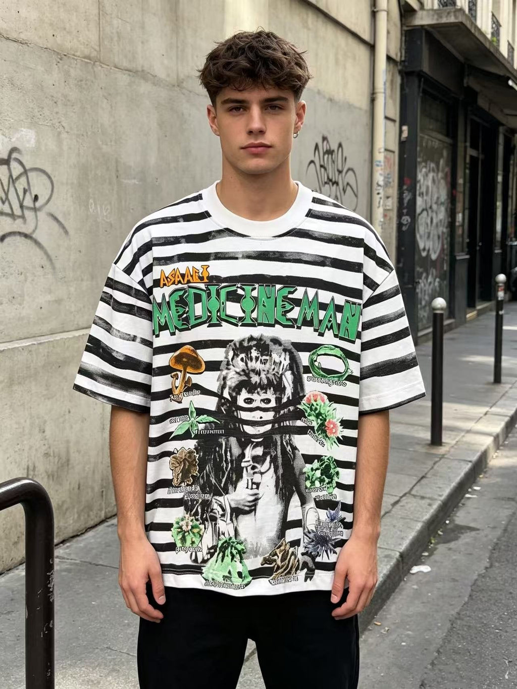 ASAALL Striped Front & Back Graphic T-Shirt