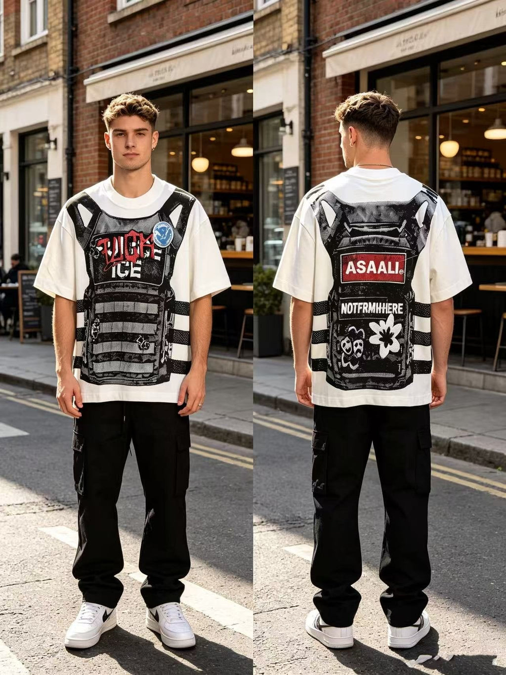 ASAALL Striped Panel Graphic Short-Sleeve T-Shirt