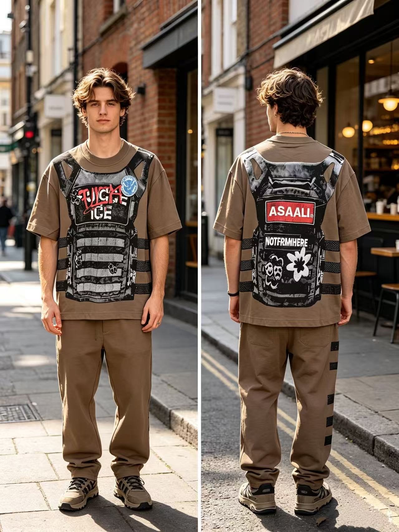 ASAALL Striped Panel Graphic Short-Sleeve T-Shirt