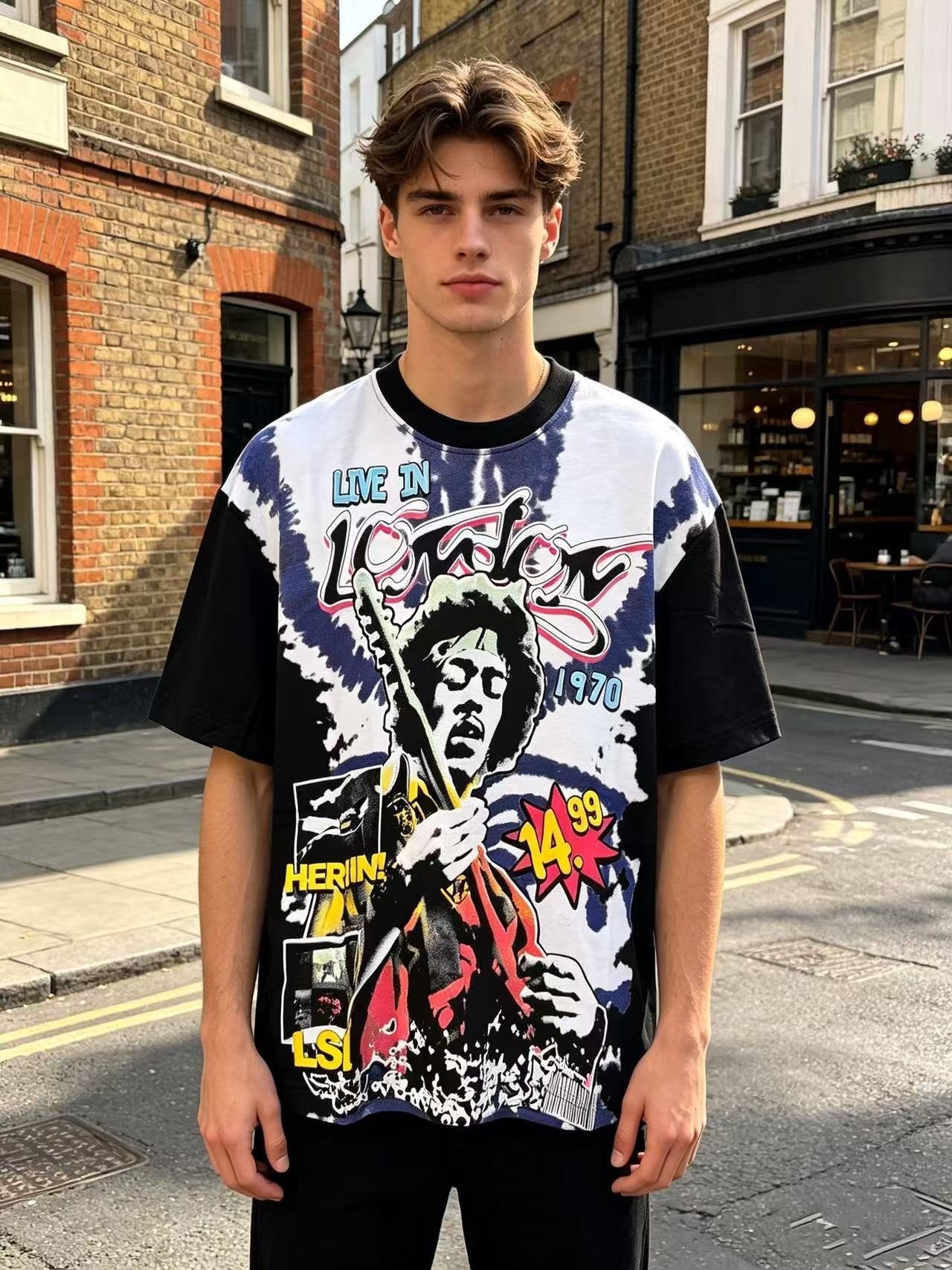 ASAALL Contrast-Sleeve Tie-Dye Accent Graphic T-Shirt