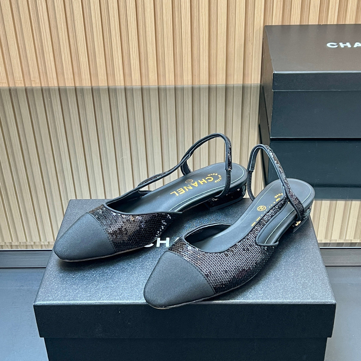 CHANEL 25S SLINGBACK SHOES IN BLACK EMBELLISHED WITH SPARKLES CANVAS