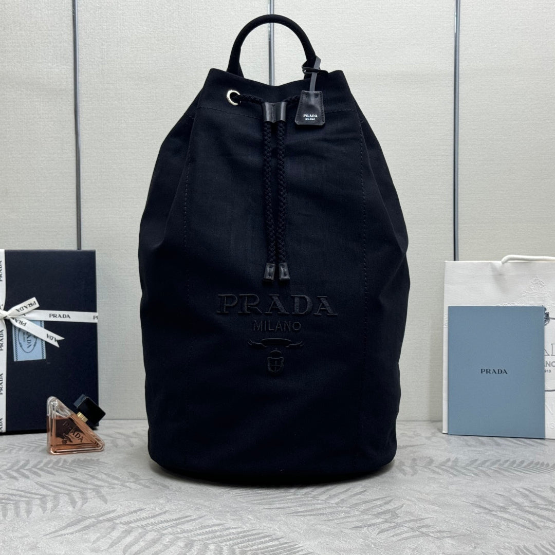 PRADA 25S DRAWSTRING BACKPACK 55 IN BLACK CANVAS LINEN SILVER HARDWARE