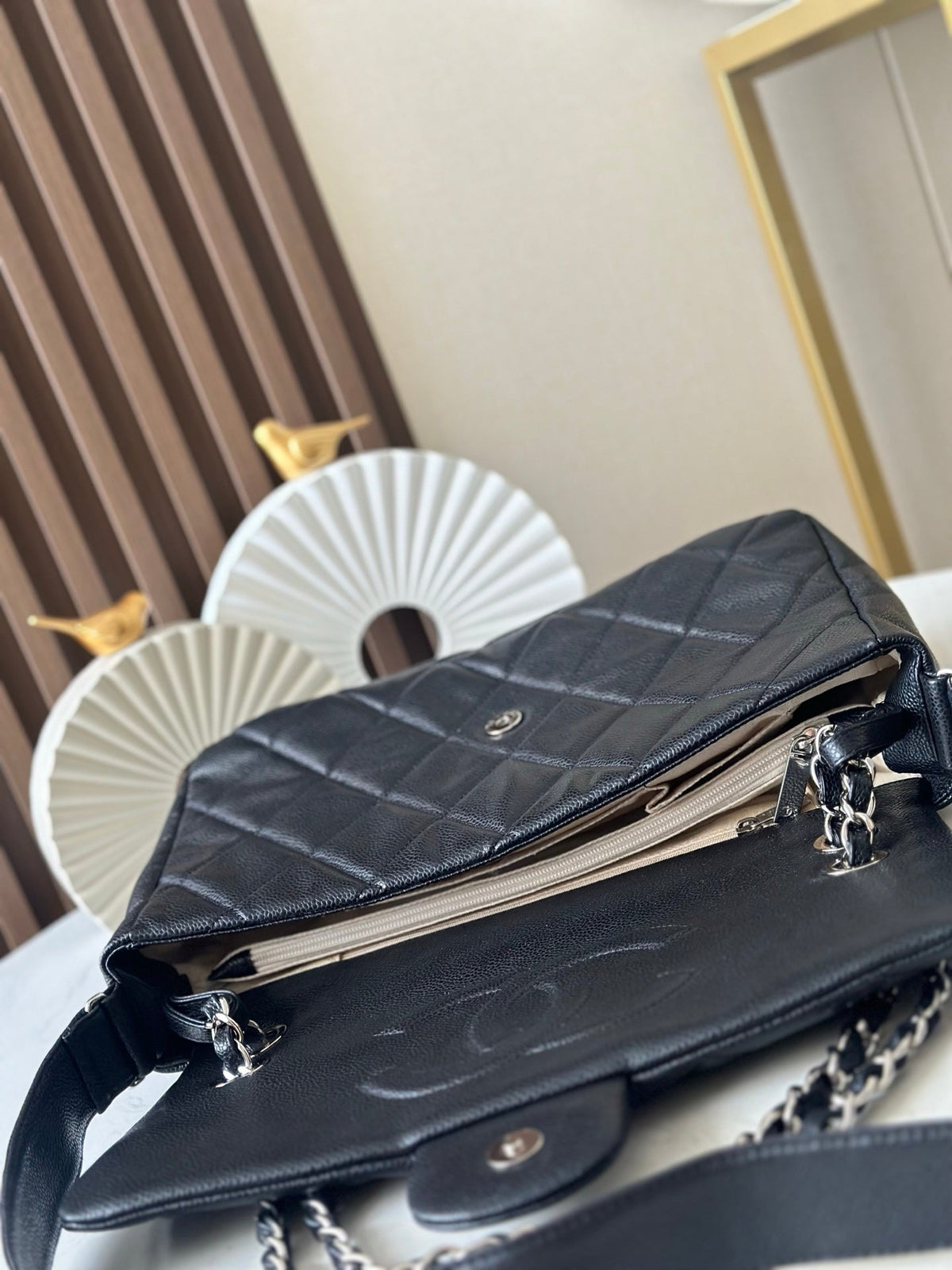 CHANEL 25S SHOULDER BAG 34 IN BLACK CAVIAR WITH SILVER HARDWARE