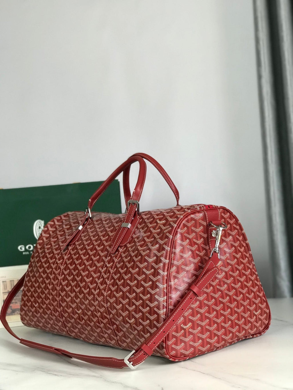 BOSTON 50 BAG IN RED GOYARDINE CANVAS AND CALFSKIN TRIM