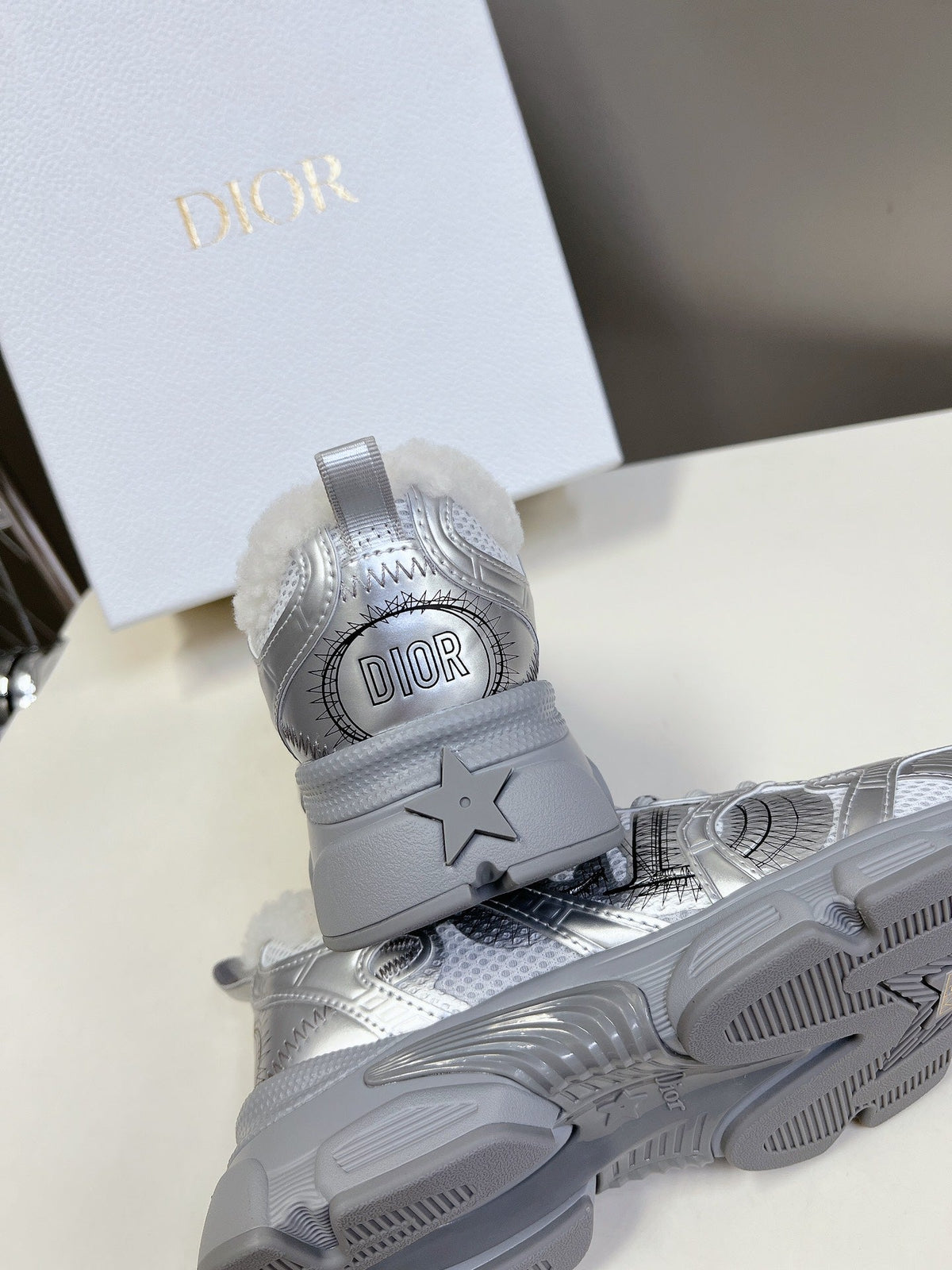 DIOR CHRONO SNEAKER 25S IN SILVER LAMBSKIN AND MESH FABRIC